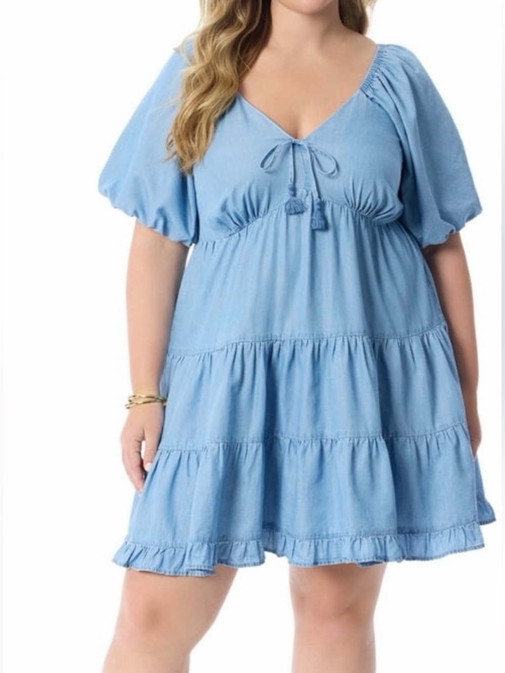 NWT Jessica Simpson 2X Chambray Tiered Babydoll Dress Puff Sleeve Blue